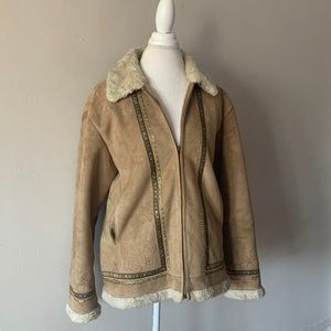 COLDWATER CREEK Tan Faux Suede Embroidered Sherpa Lined Jacket